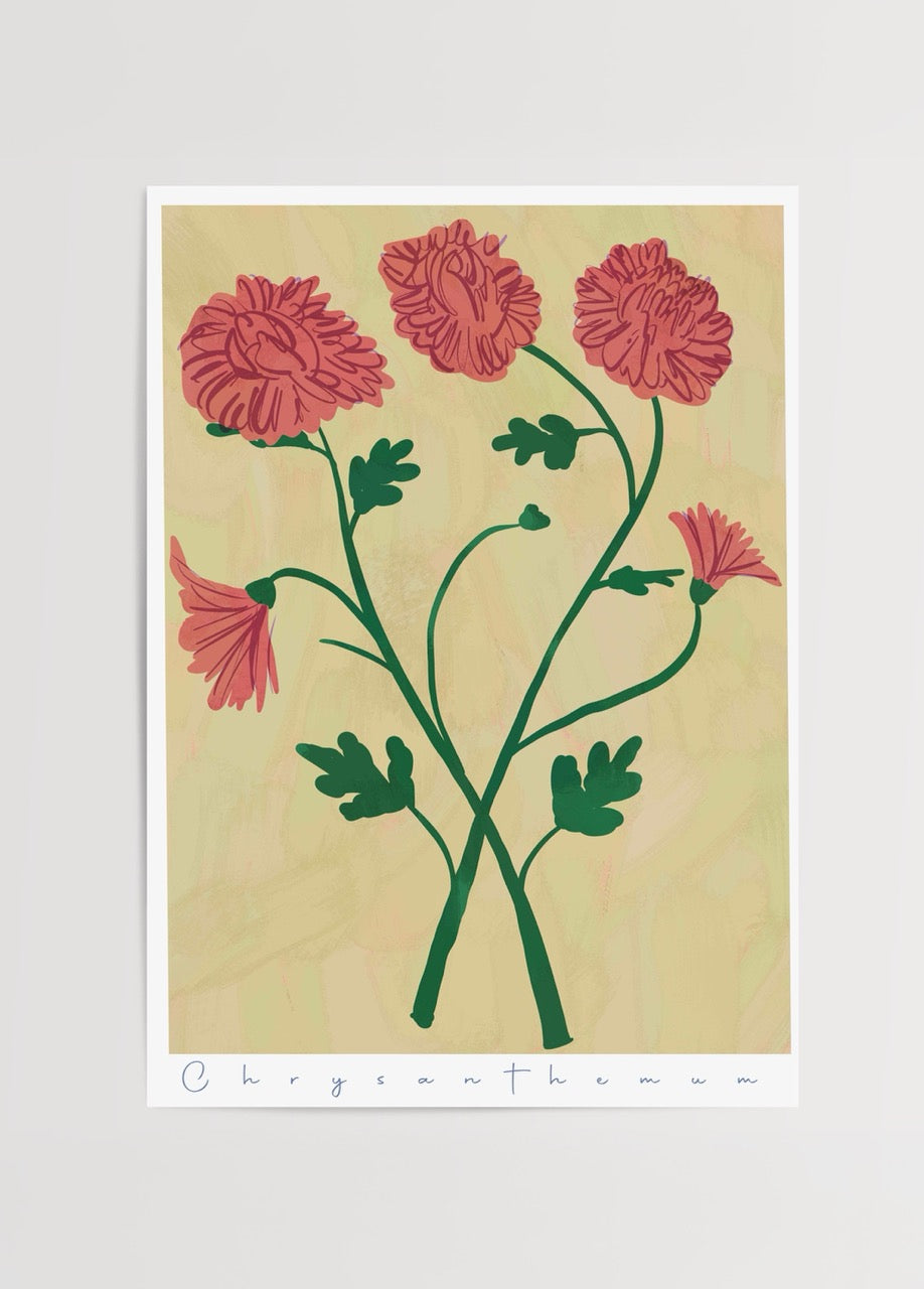 nazlı tarcan krizantem çiçekleri minimalist illüstrasyon poster