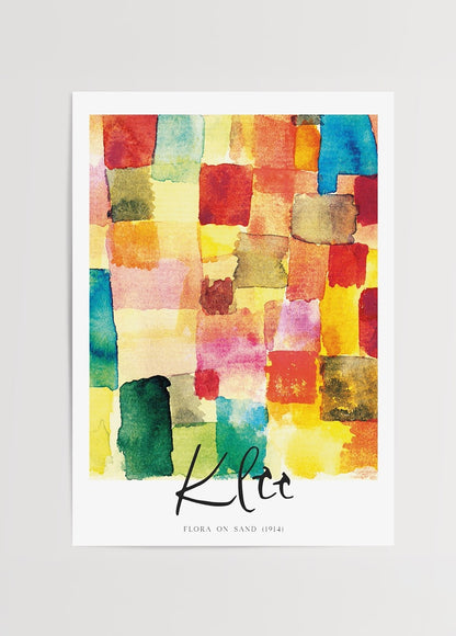 Paul Klee’nin “Kum Üzerindeki Flora” eserinden esinlenilerek hazırlanmış canlı renkli soyut sanat posteri