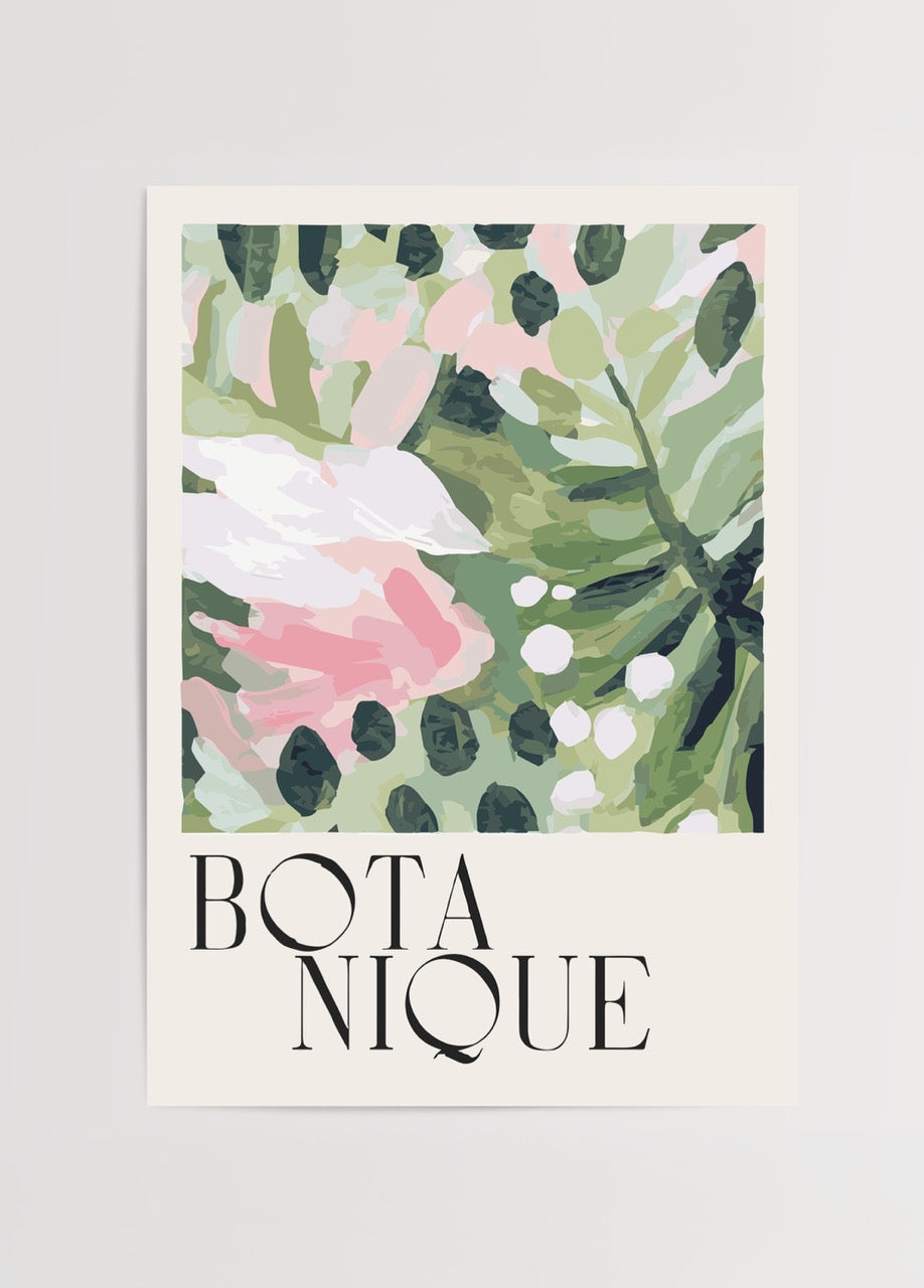 Soyut pastel çiçek desenli La Botanique 2 posteri, pembe ve yeşil tonlarda modern sanat tasarımı.