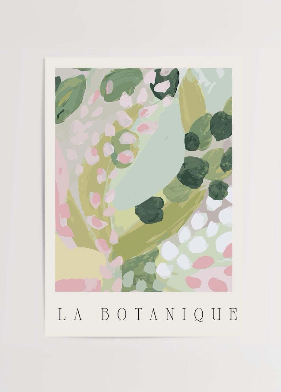 Pastel tonlarda yaprak ve çiçek desenlerinden oluşan soyut botanik poster baskı.