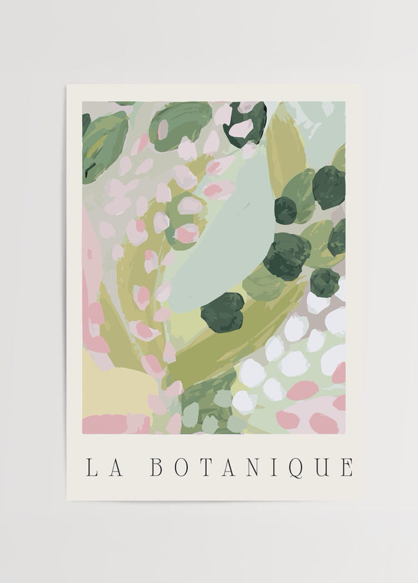 Pastel tonlarda yaprak ve çiçek desenlerinden oluşan soyut botanik poster baskı.