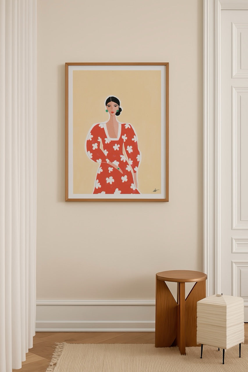 Elif Işık’ın Femmes et Fleurs — Collection d’Automne serisinden La Robe Rouge – Edition d’Automne posteri, kırmızı çiçek desenli elbise giymiş kadın portresi.