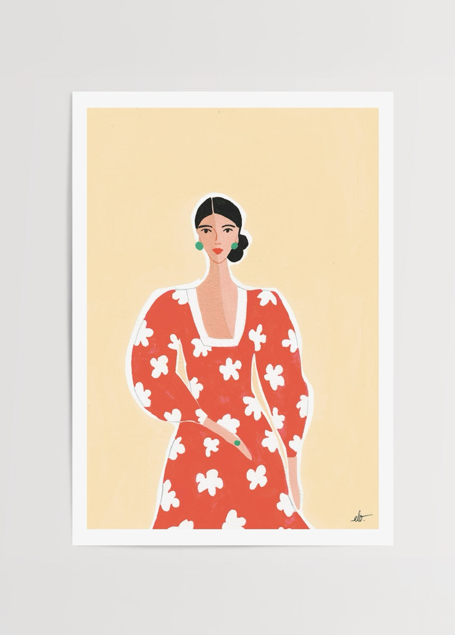 Elif Işık’ın Femmes et Fleurs — Collection d’Automne serisinden La Robe Rouge – Edition d’Automne posteri, kırmızı çiçek desenli elbise giymiş kadın portresi.