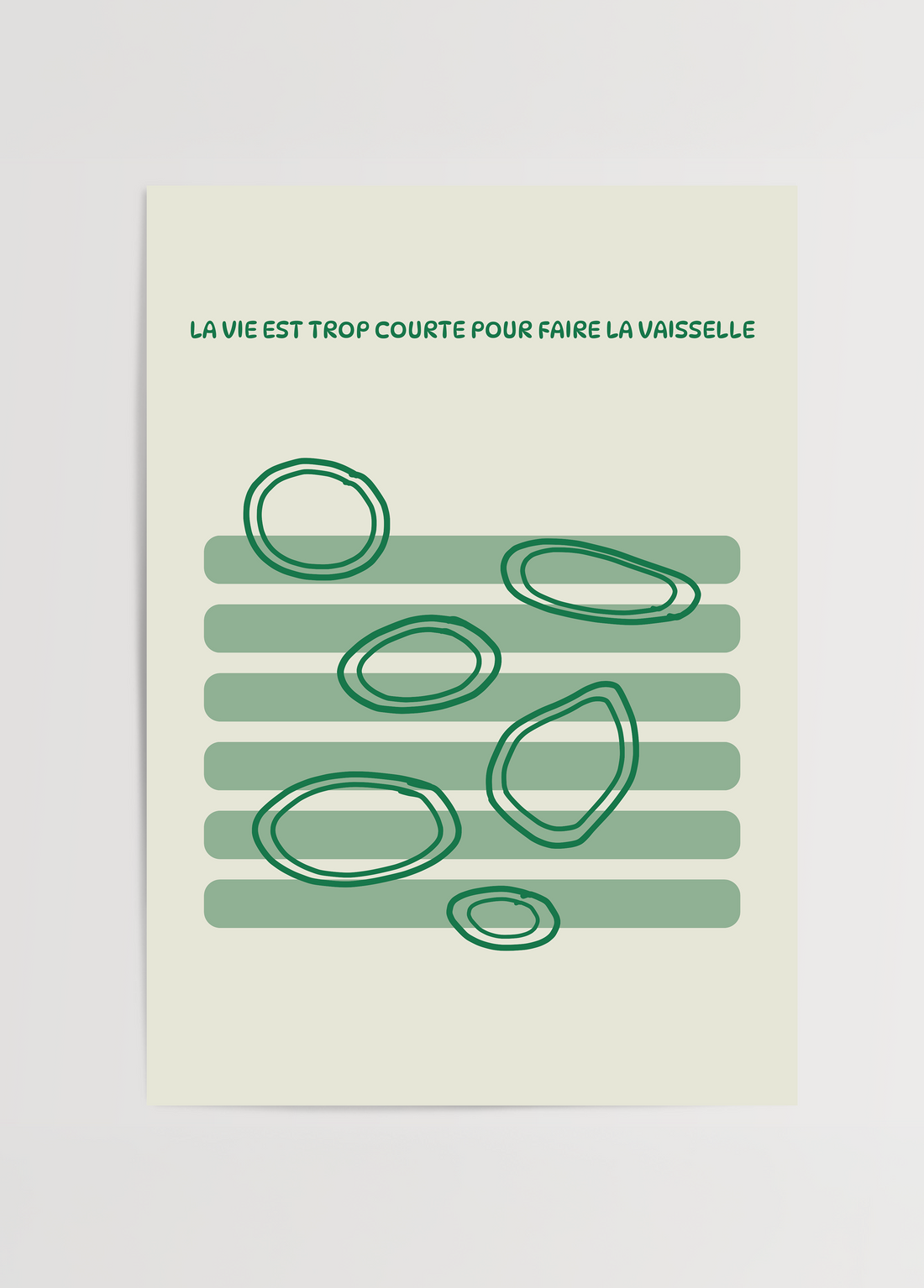 Krem zemin üzerinde yeşil tabak çizimleri ve Fransızca tipografi bulunan minimalist Dilara Güney posteri.