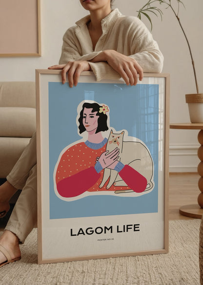 Lagom felsefeli kediyle kadın illüstrasyonu posteri – mavi zeminli modern portre
