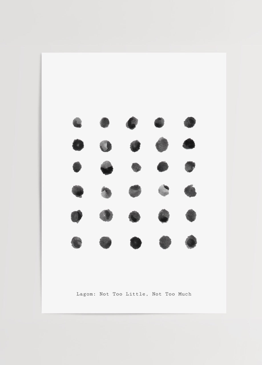 Siyah suluboya noktalarla oluşturulmuş sade Lagom temalı minimalist poster baskı