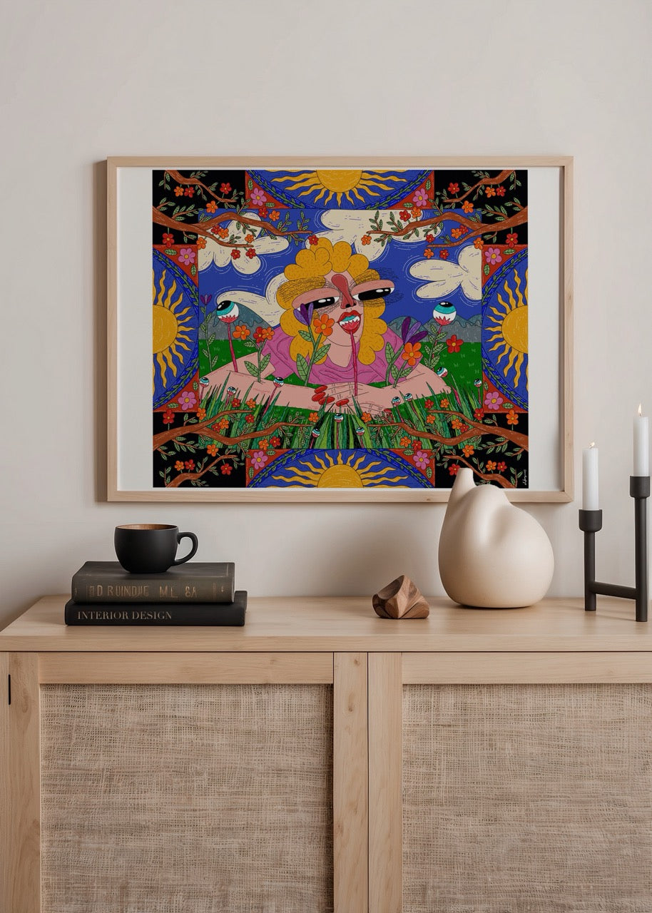 Çiçekler, güneş ve bitkilerle çevrili bir figürün toprağa uzanır halde betimlendiği, canlı renklerle oluşturulmuş sembolik illüstrasyon.