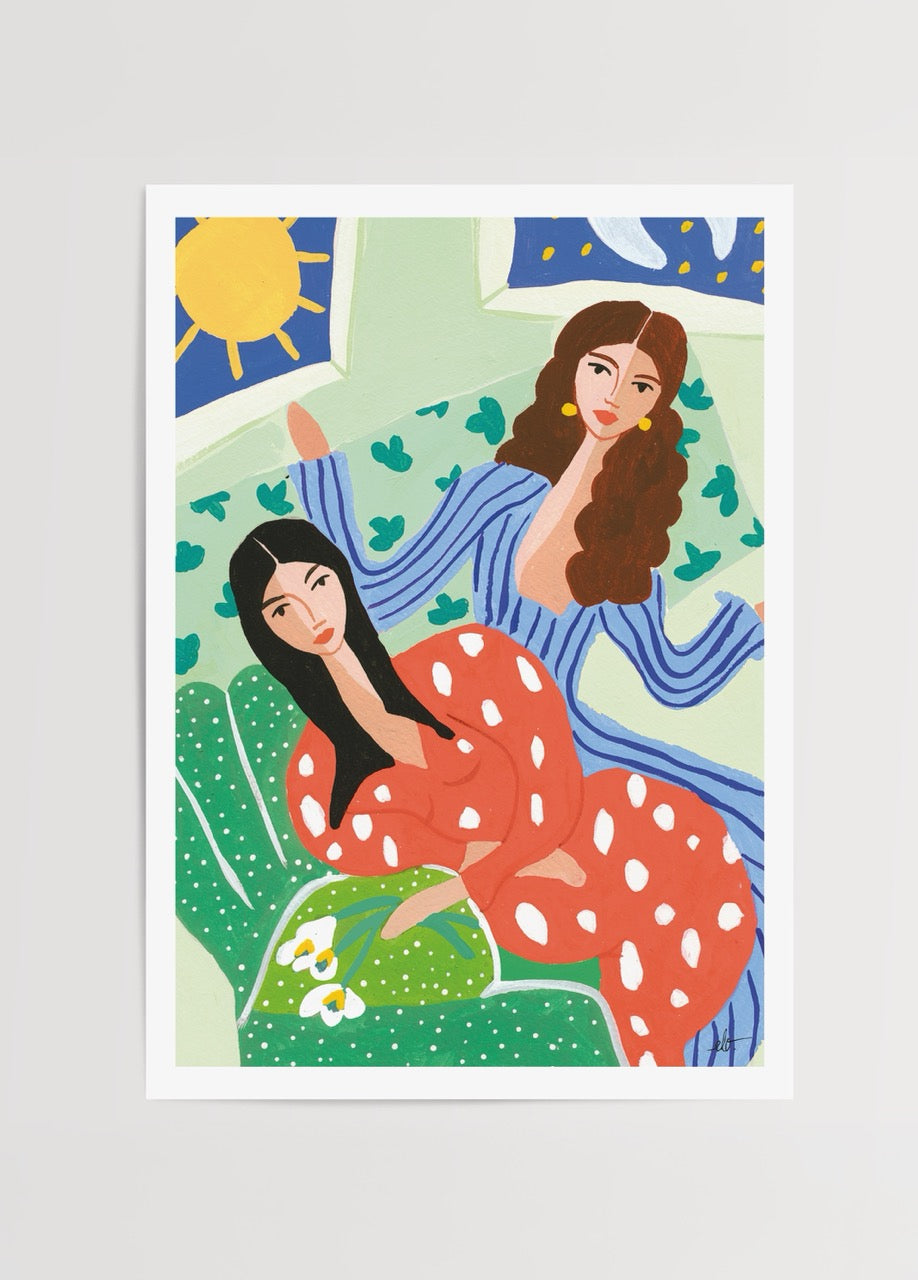 Elif Işık’ın Femmes et Fleurs — Collection d’Automne serisinden Le Jour et la Nuit posteri, gece ve gündüz temalı iki kadın figürü illüstrasyonu.