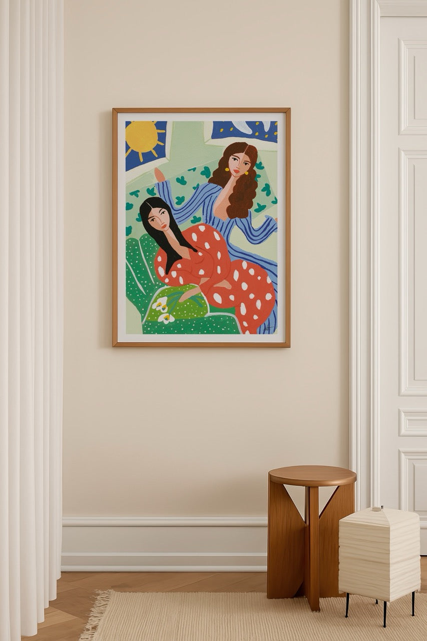 Elif Işık’ın Femmes et Fleurs — Collection d’Automne serisinden Le Jour et la Nuit posteri, gece ve gündüz temalı iki kadın figürü illüstrasyonu.
