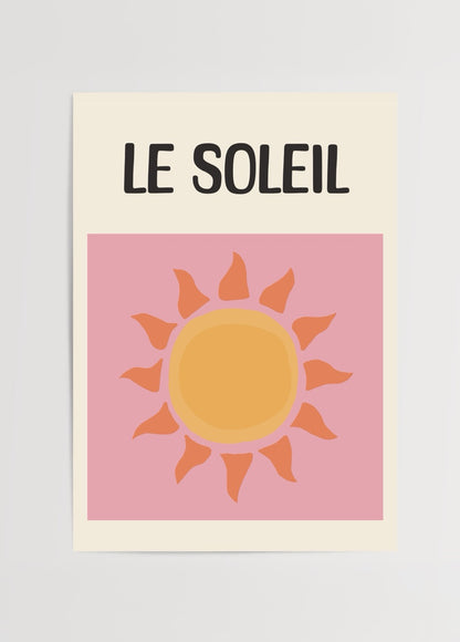 Le Soleil poster baskı, pastel pembe zemin üzerinde modern güneş illüstrasyonlu minimal duvar dekoru