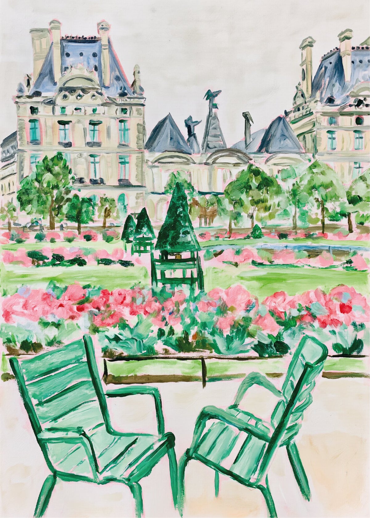 Léa Morel'in Louvre Bahçesi adlı eserinde iki sandalye ve renkli bahçe manzarası. poster baskı