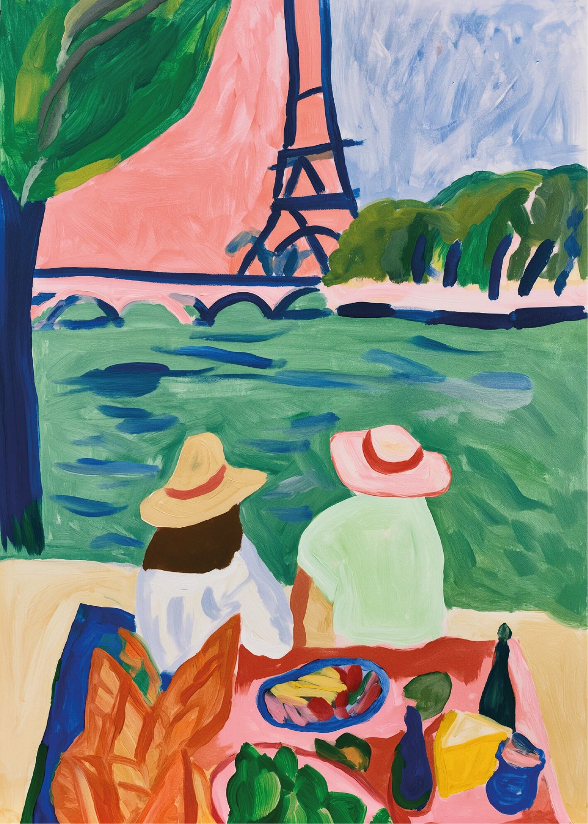 Léa Morel'in Paris'te piknik yapan iki figür ile Eiffel Kulesi'ni tasvir eden eseri. poster baskı