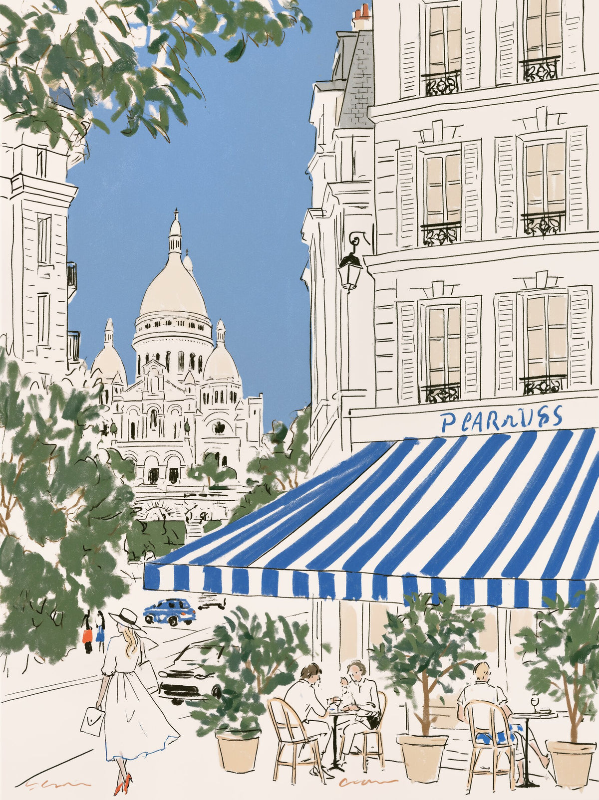 Léa Morel'in Sacre-Cœur manzarasını betimleyen illüstrasyon, Paris'te bir kafe ve ikonik bazilika poster baskı