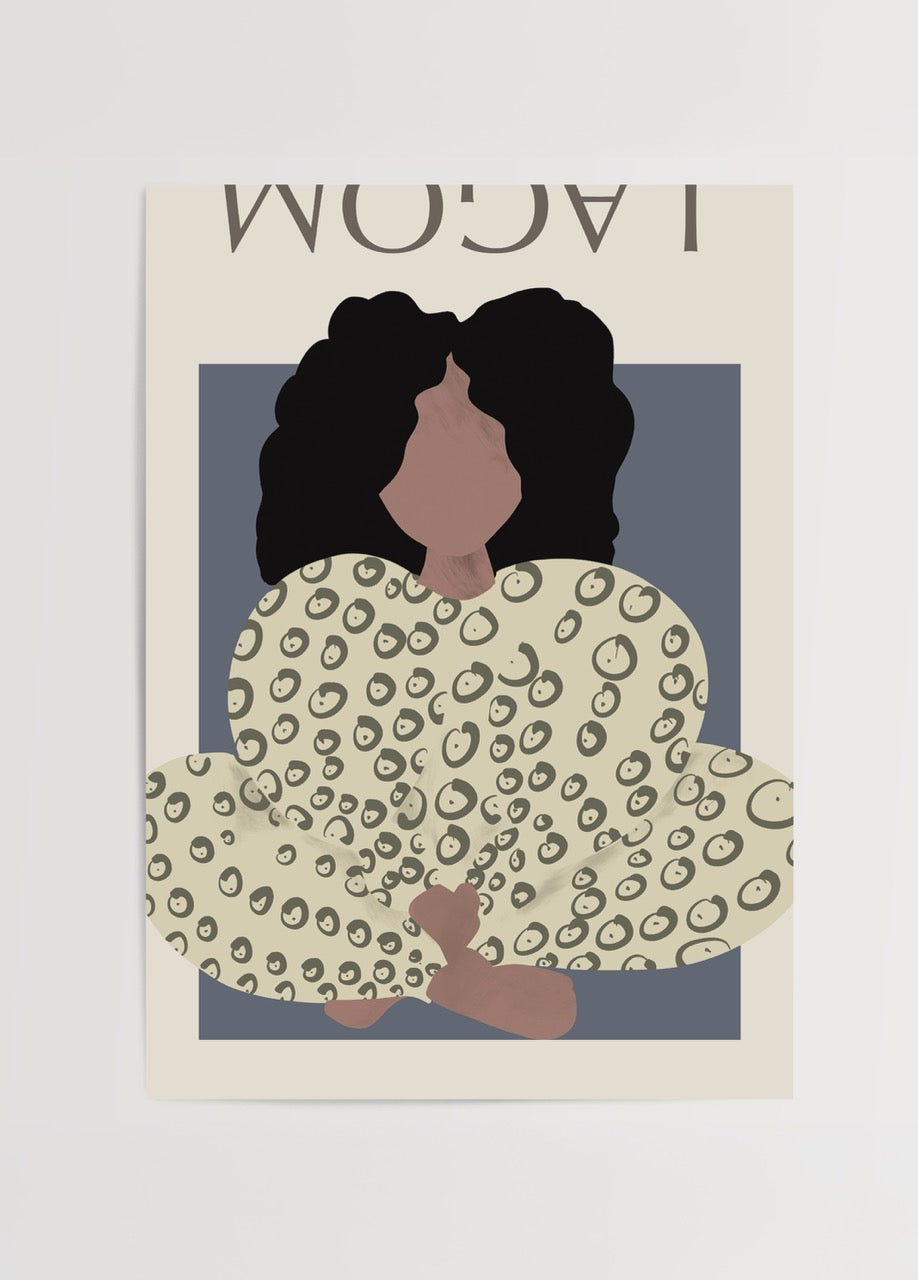 Leopar desenli giysiyle oturan güçlü kadın figürlü modern illüstrasyon poster

