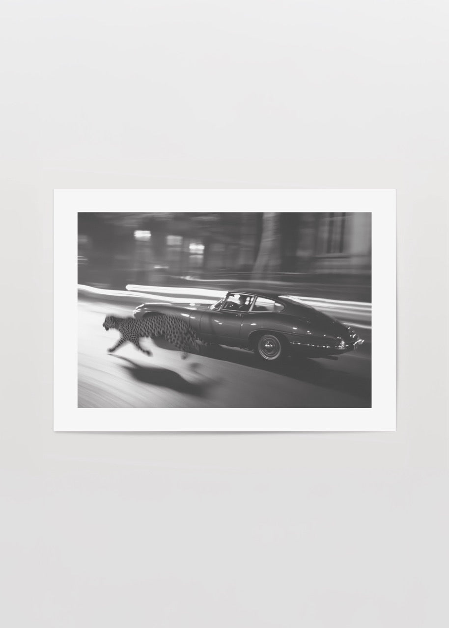 Koşan bir leopar ve klasik otomobili gösteren lüks siyah beyaz vintage fotoğraf