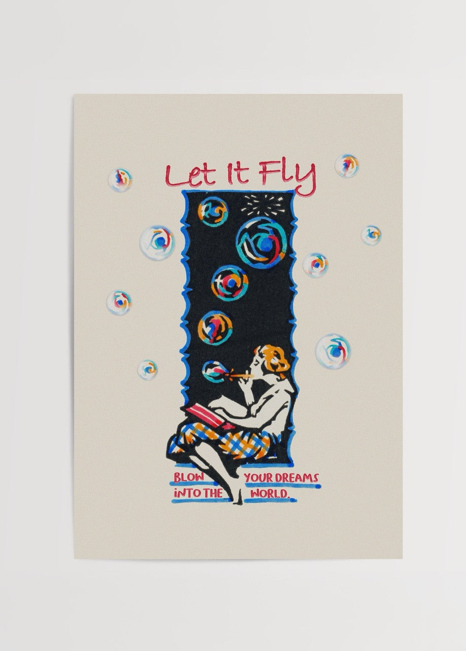 Retro tarzda renkli baloncuklar ve hayallerini üfleyen figür ile “Let It Fly” yazılı illüstrasyon poster.