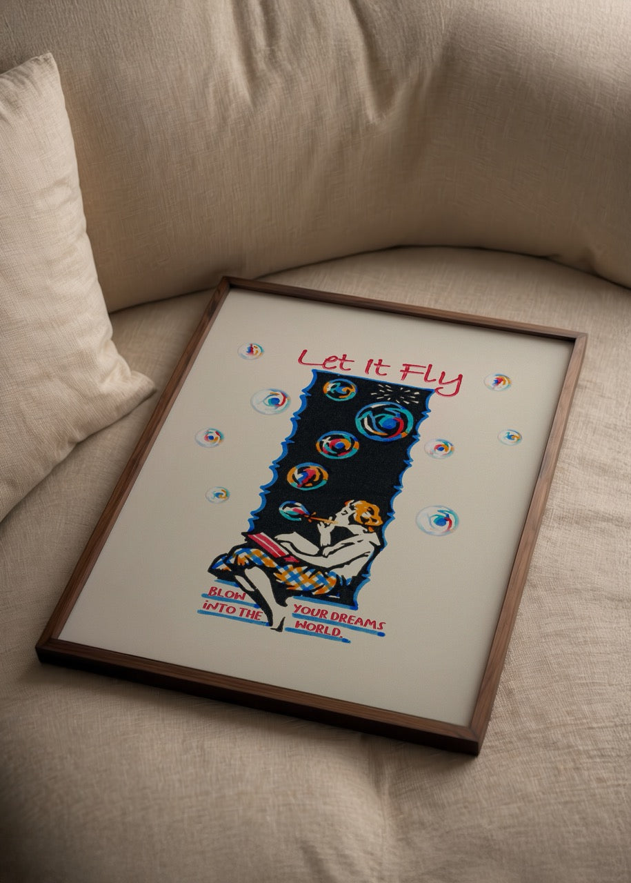 Retro tarzda renkli baloncuklar ve hayallerini üfleyen figür ile “Let It Fly” yazılı illüstrasyon poster.