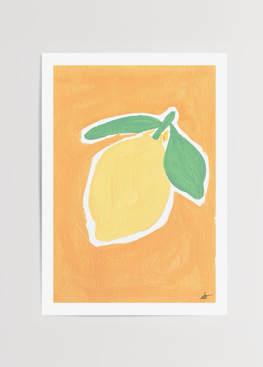 Elif Işık’ın Pastel Series koleksiyonundan Limon posteri, turuncu zemin üzerinde pastel sarı limon ve yeşil yaprak illüstrasyonu.