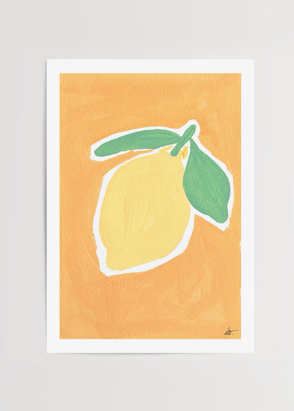 Elif Işık’ın Pastel Series koleksiyonundan Limon posteri, turuncu zemin üzerinde pastel sarı limon ve yeşil yaprak illüstrasyonu.