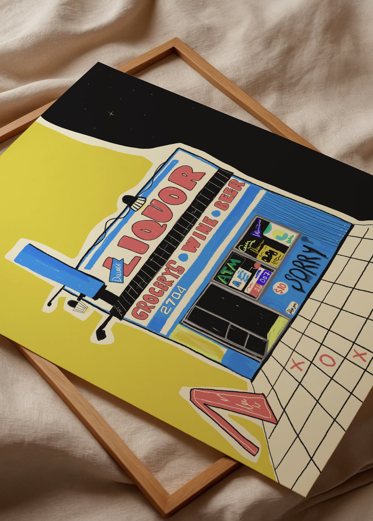 Liquor poster baskı, Fulya Genç imzalı renkli market illüstrasyonu.