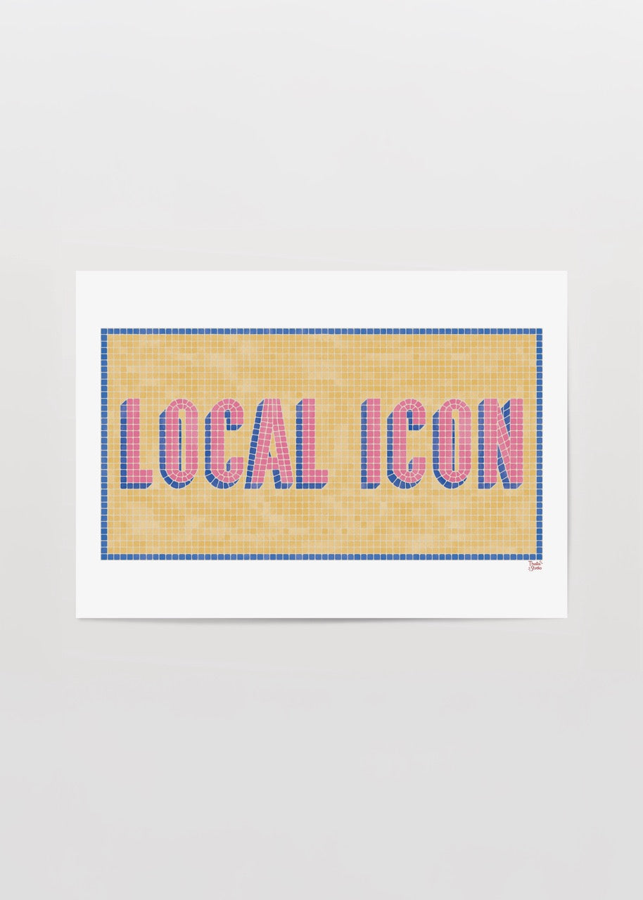Thola Studio Local Icon poster baskı, pastel sarı zeminli mozaik tipografi tasarımlı retro duvar dekoru