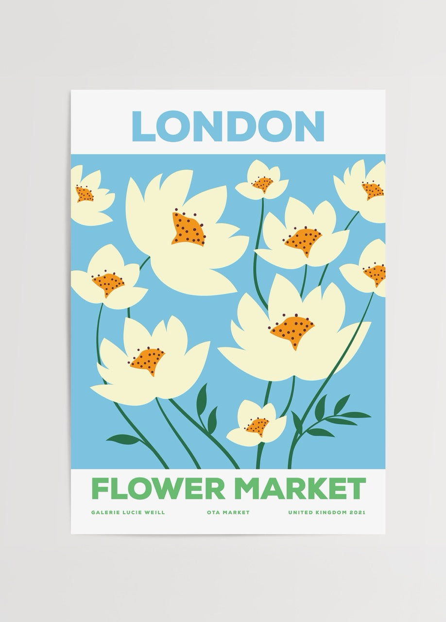 Mavi arka plan üzerinde krem renkli çiçek illüstrasyonlarıyla London Flower Market Poster