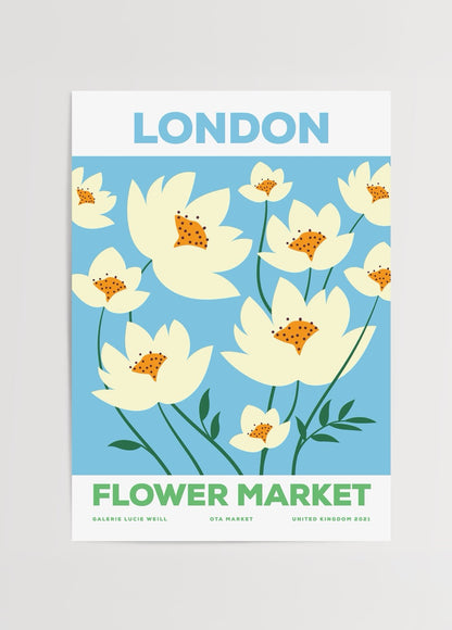 Mavi arka plan üzerinde krem renkli çiçek illüstrasyonlarıyla London Flower Market Poster