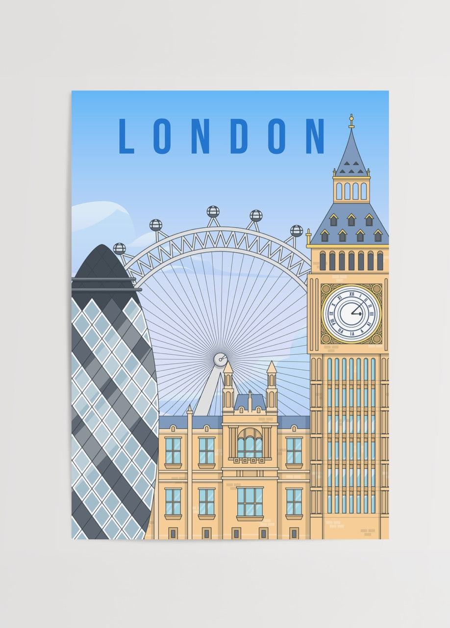 Big Ben, London Eye ve Gherkin binalarını içeren mavi arka planlı stilize Londra şehir illüstrasyonu posteri