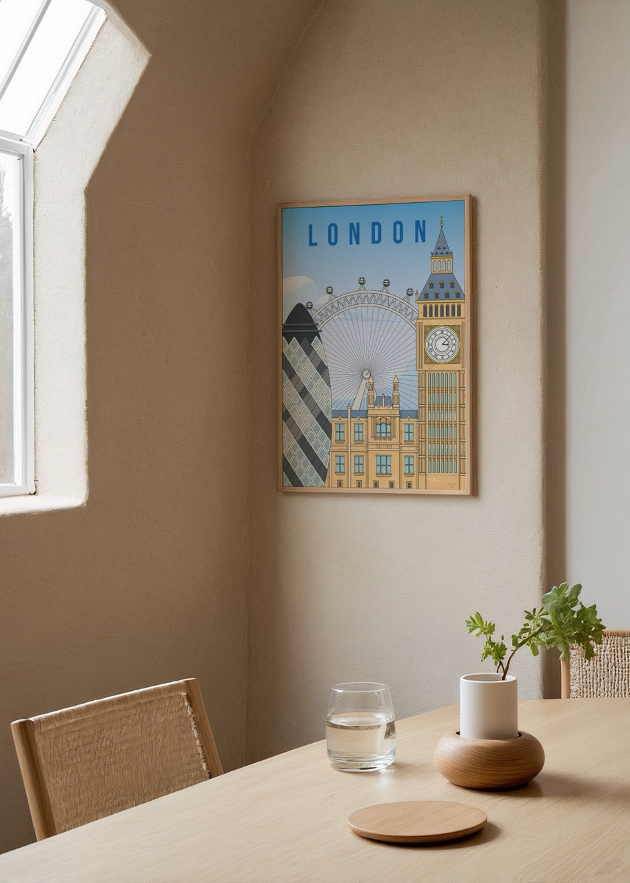 Big Ben, London Eye ve Gherkin binalarını içeren mavi arka planlı stilize Londra şehir illüstrasyonu posteri