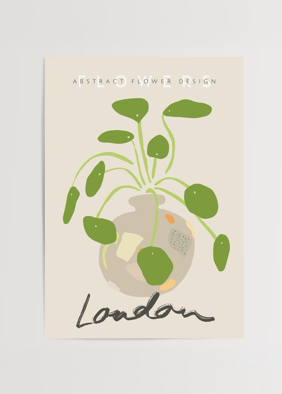 Londra temalı soyut saksı bitkisi illüstrasyonlu poster tasarımı