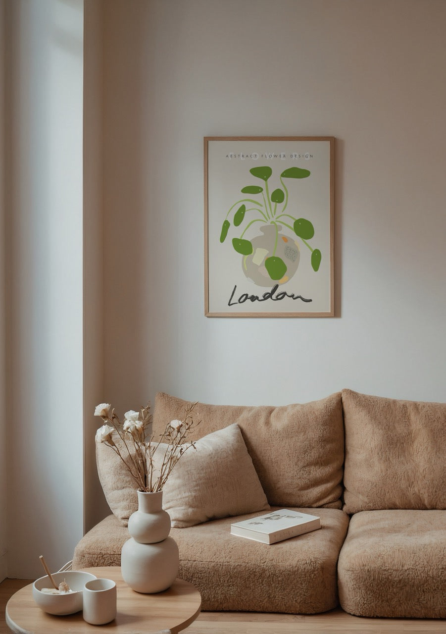 Londra temalı soyut saksı bitkisi illüstrasyonlu poster tasarımı
