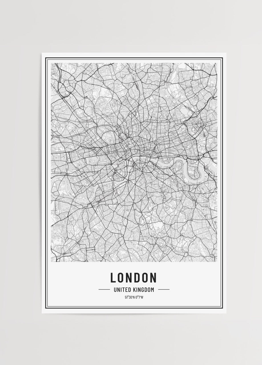 Siyah beyaz çizgisel Londra şehir haritası posteri