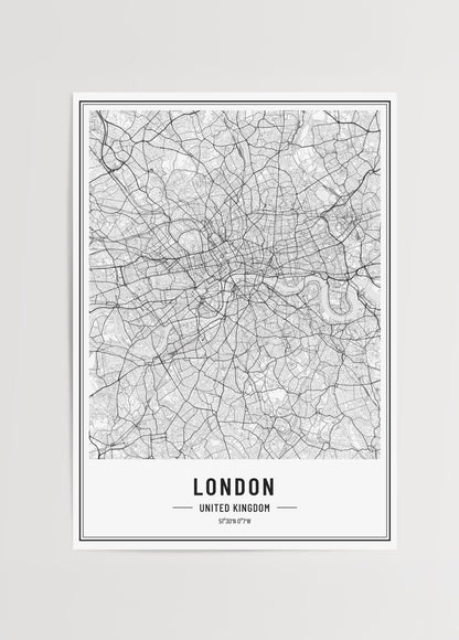 Siyah beyaz çizgisel Londra şehir haritası posteri