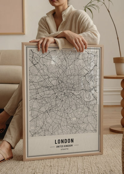 Siyah beyaz çizgisel Londra şehir haritası posteri