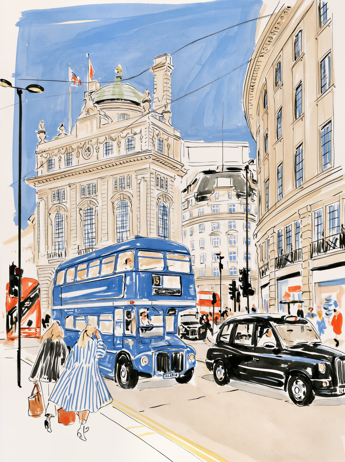 Londra'da bir çift katlı otobüs ve şehir manzarası poster baskı