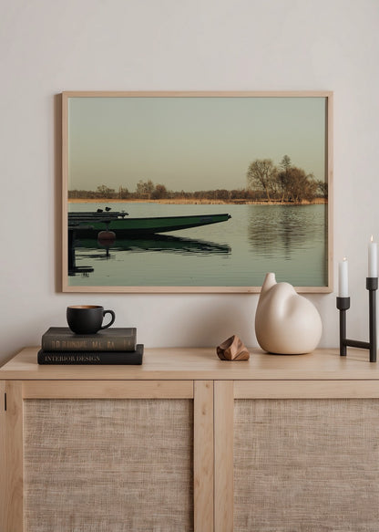 lone boat lake in bialystok minimal dogal manzara fotograf poster