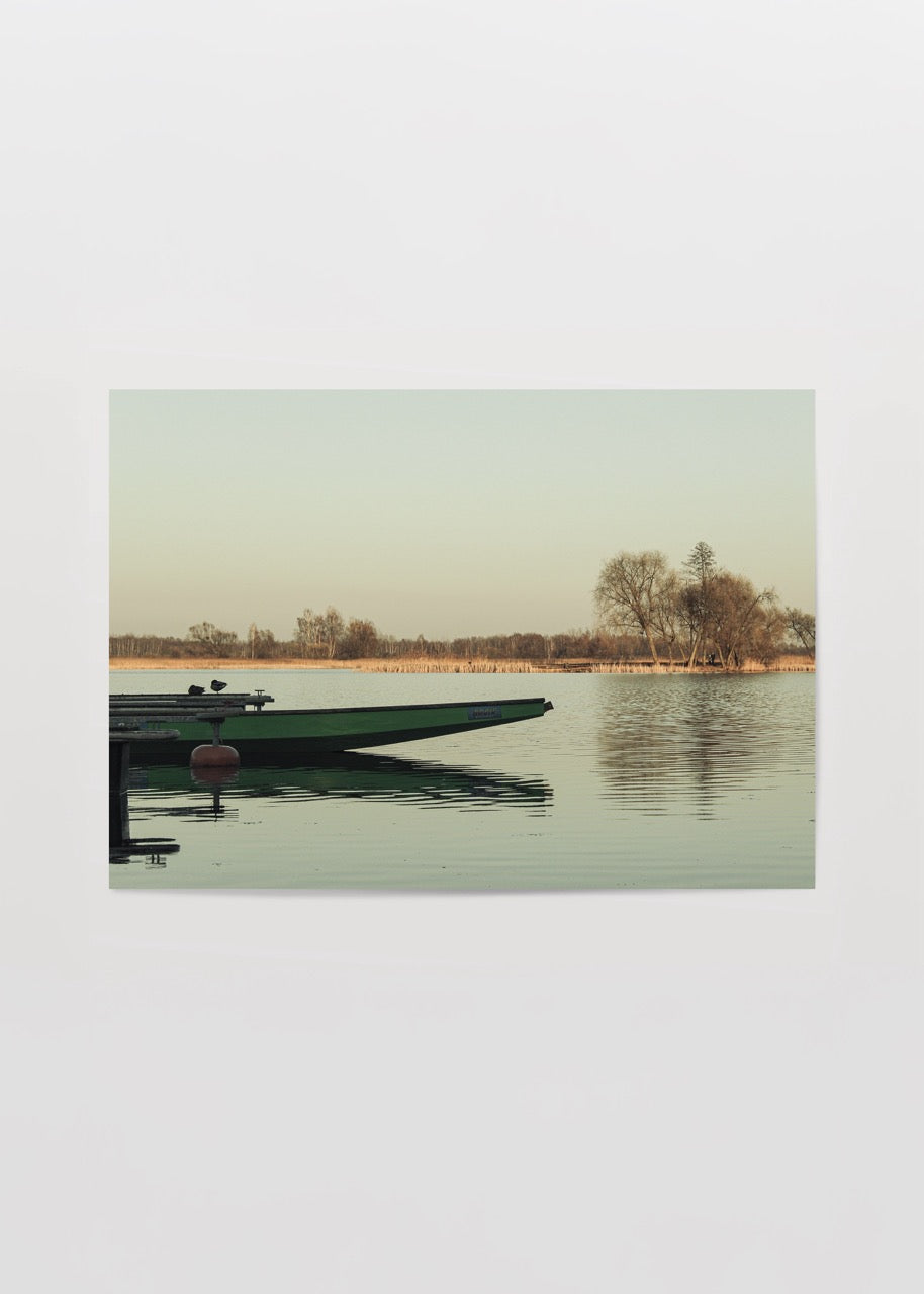 lone boat lake in bialystok minimal dogal manzara fotograf poster