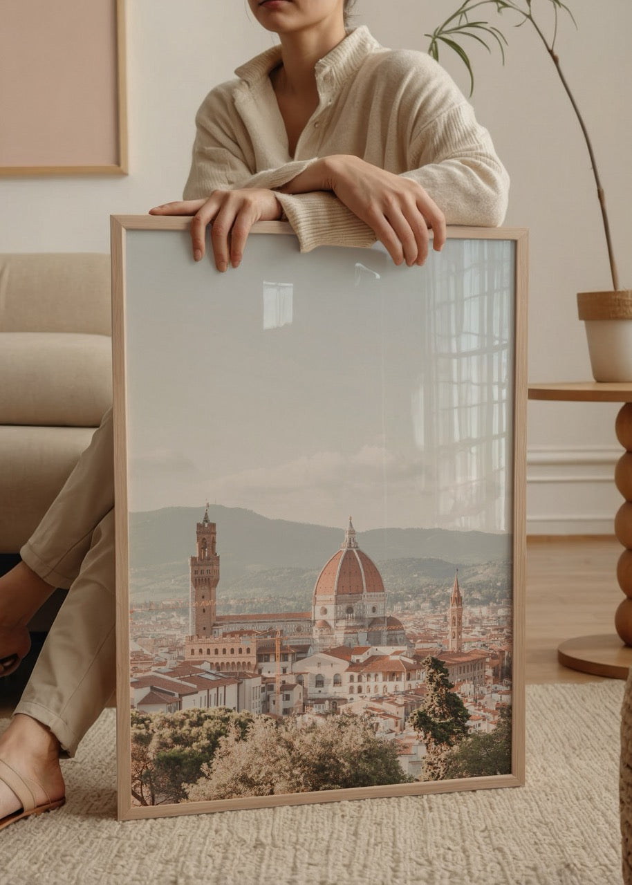 Floransa Duomo manzarasını gösteren pastel tonlu şehir manzaralı İtalya posteri
