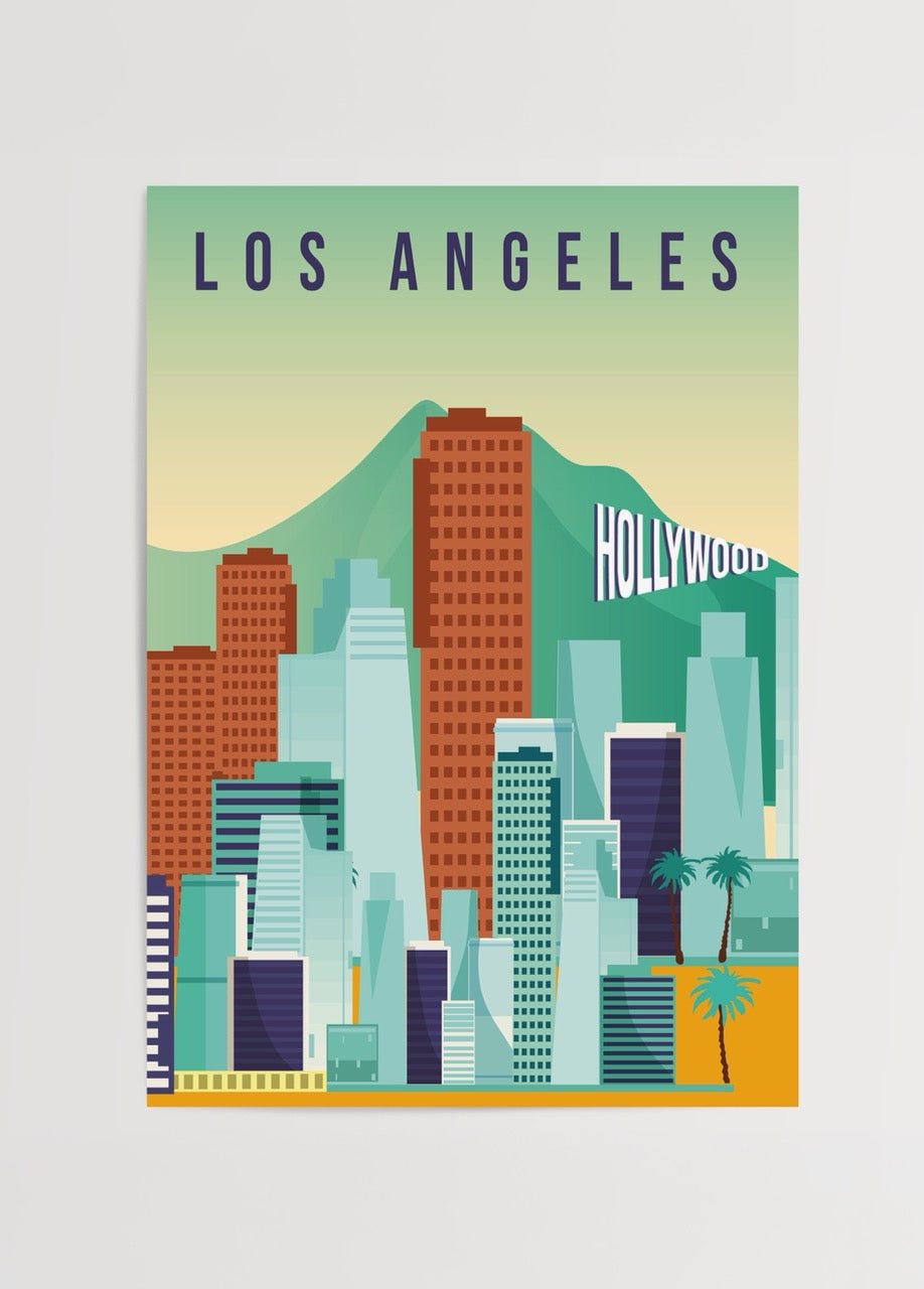Los Angeles şehir silüetini ve Hollywood yazısını içeren modern illüstrasyon poster