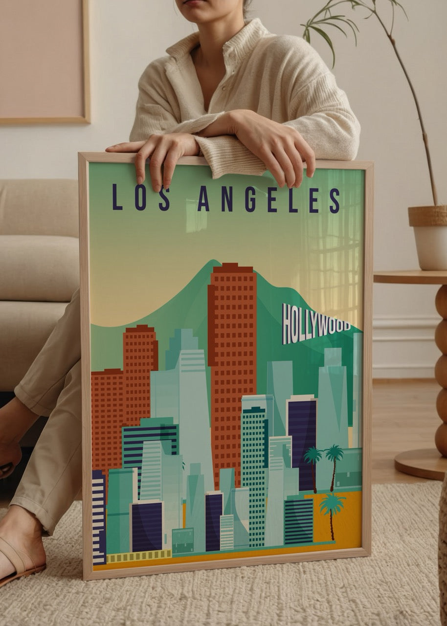 Los Angeles şehir silüetini ve Hollywood yazısını içeren modern illüstrasyon poster