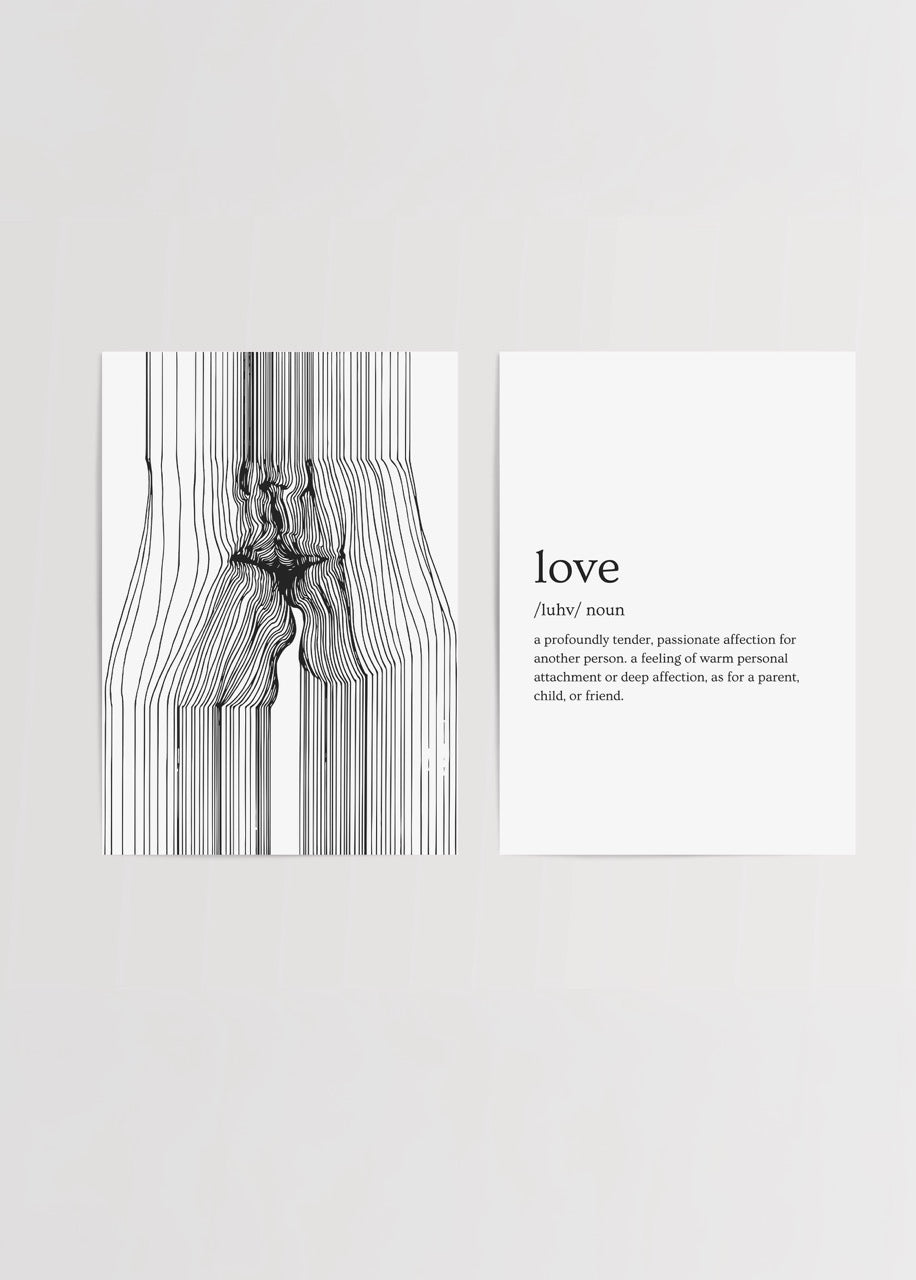 Love tanımı ve minimal çizgi öpüşme ikili poster seti – siyah beyaz modern poster baskı
