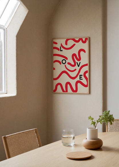 LOVE yazılı kırmızı dalgalı çizgilerle tasarlanmış modern grafik poster baskı