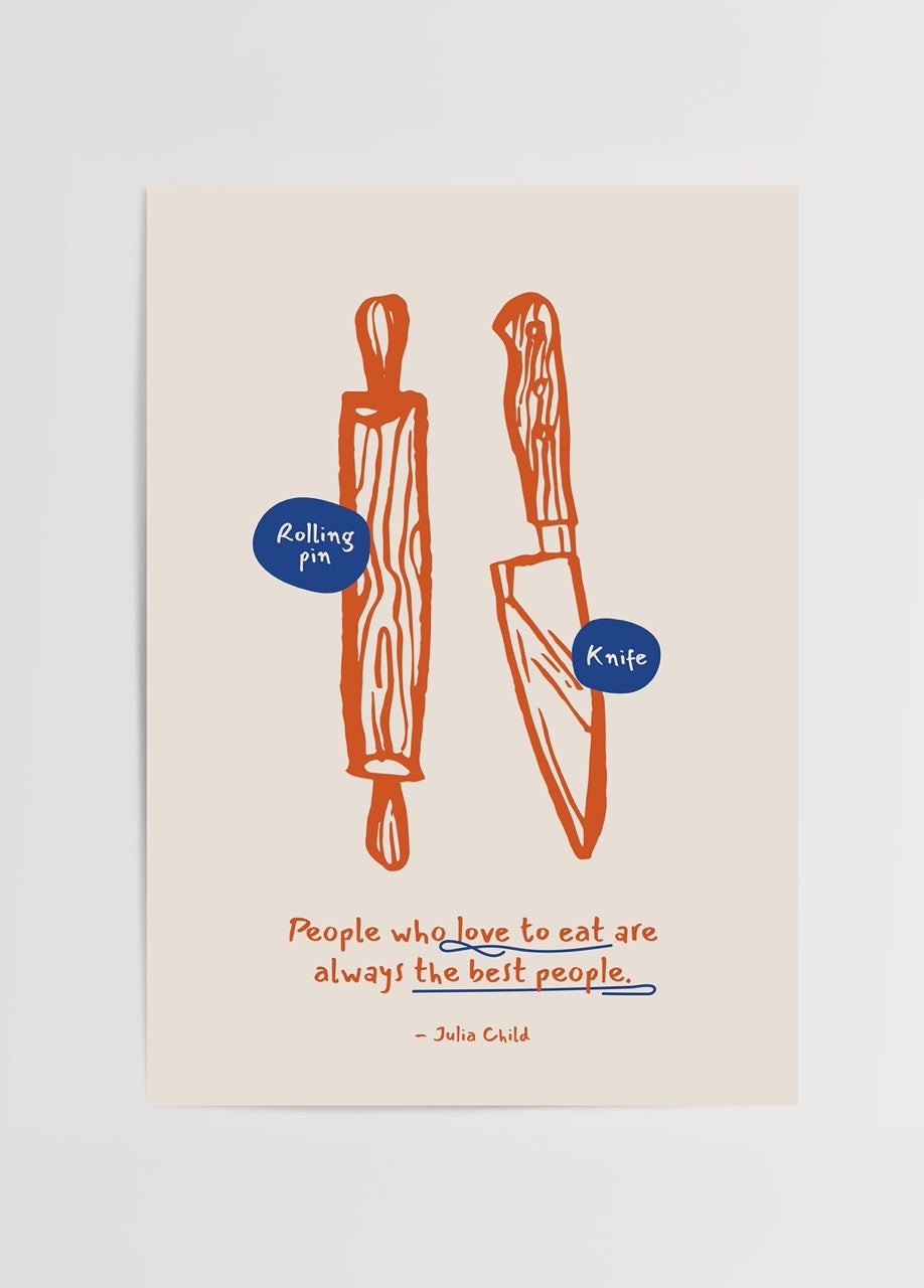 Julia Child alıntılı, turuncu bıçak ve merdane çizimli mutfak posteri