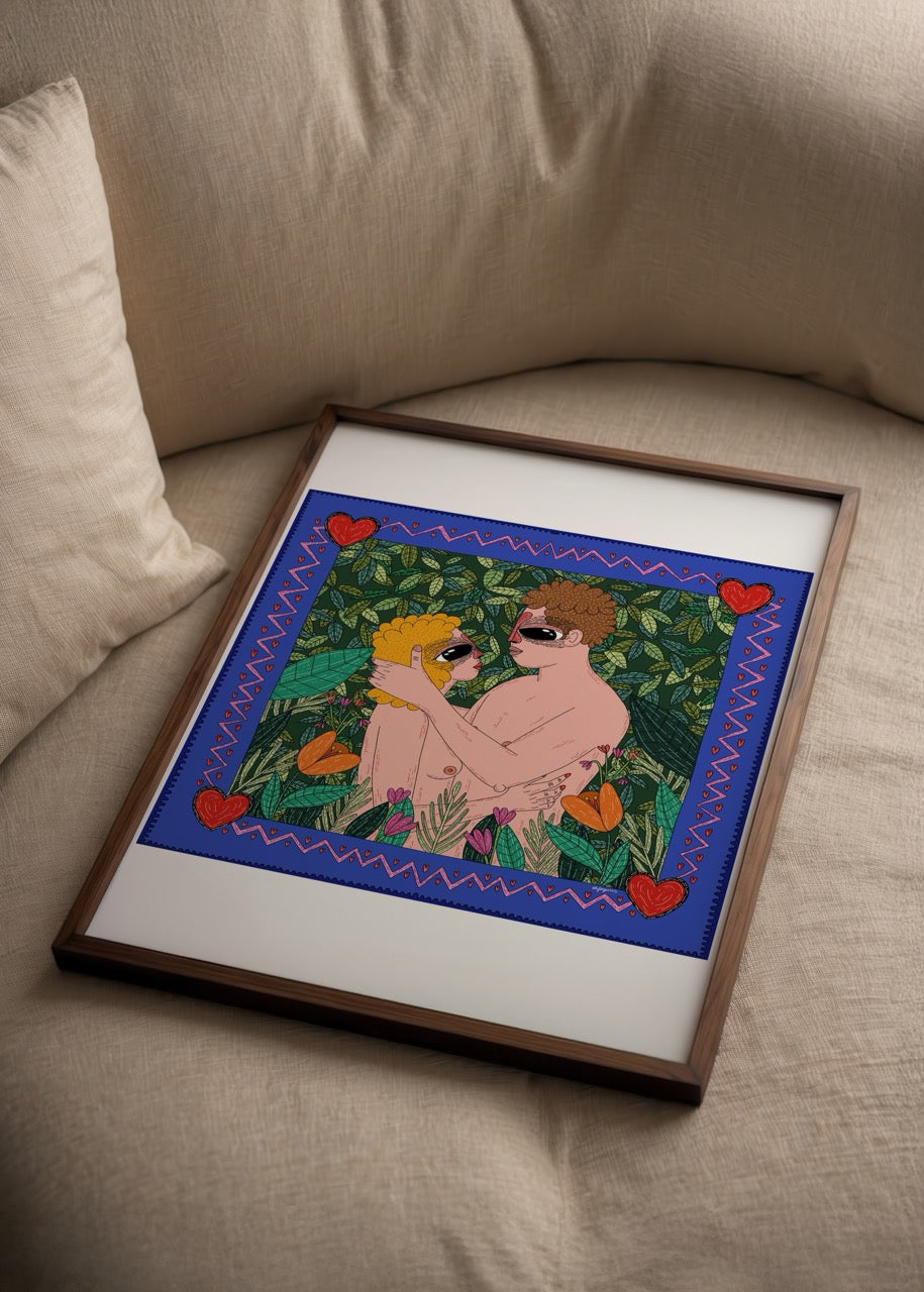 Yapraklarla çevrili bir sahnede, birbirine sarılan iki figürün kalp motifli çerçeve içinde betimlendiği renkli ve sembolik illüstrasyon.