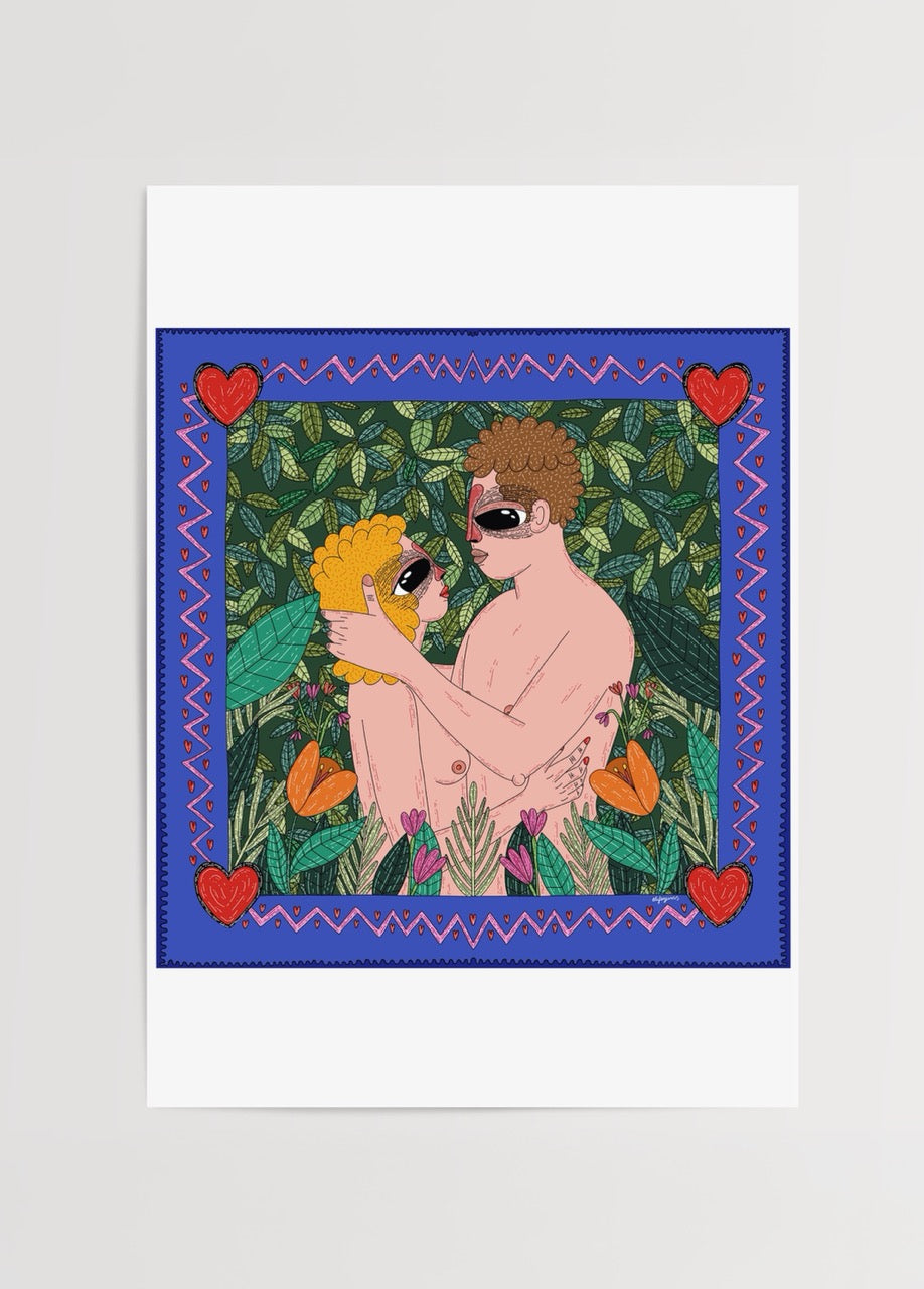 Yapraklarla çevrili bir sahnede, birbirine sarılan iki figürün kalp motifli çerçeve içinde betimlendiği renkli ve sembolik illüstrasyon.