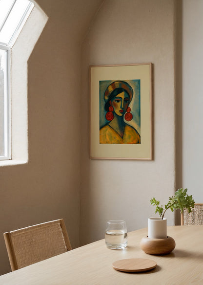 Elif Korkut’un sıcak ve mavi tonlarla resmettiği modern portre illüstrasyon posteri.