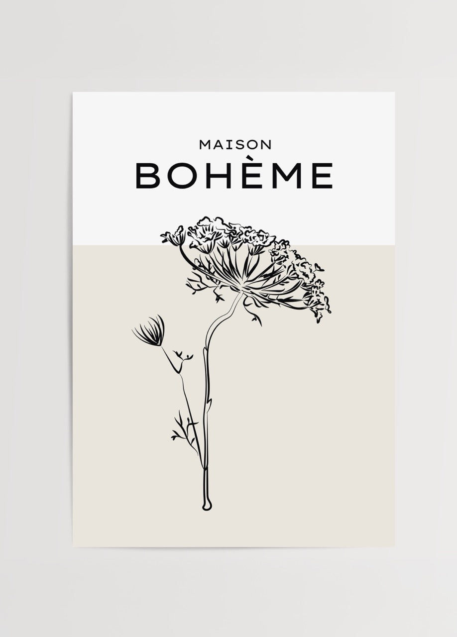 Maison Bohème minimal çizgi çiçek illüstrasyon posteri, bohem stil dekor