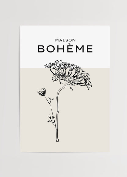 Maison Bohème minimal çizgi çiçek illüstrasyon posteri, bohem stil dekor