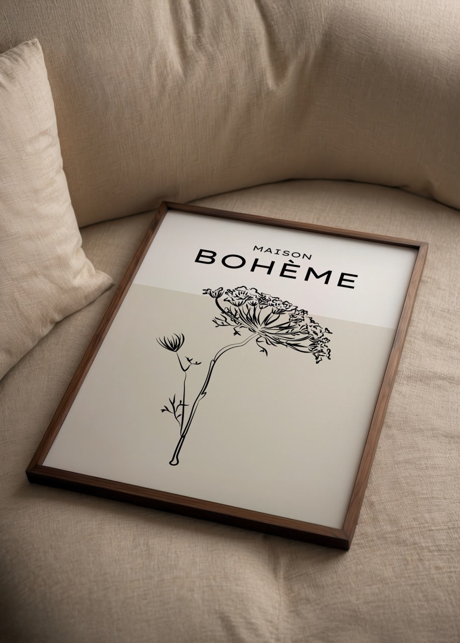 Maison Bohème minimal çizgi çiçek illüstrasyon posteri, bohem stil dekor
