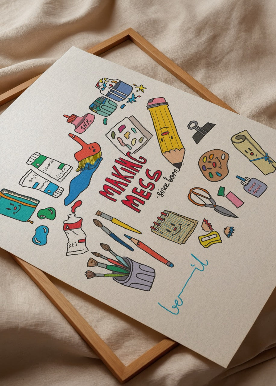 Beril Erdemir’in Making Mess posteri, renkli illüstrasyonlarla sanatsal dağınıklığı ve yaratıcılığı yansıtan dekoratif baskı.